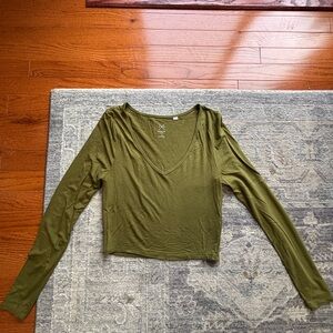 Olive Green V-Neck Long Sleeve Top